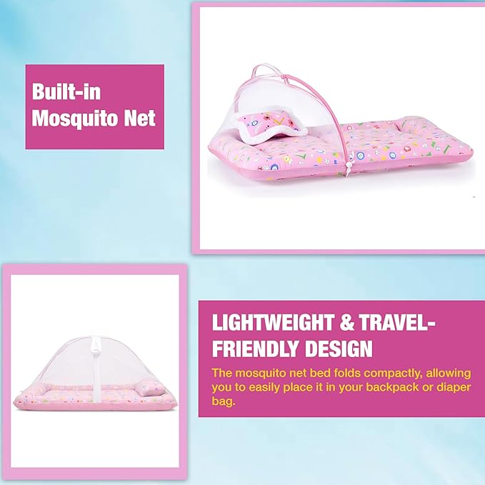 Safe - O - Kid Cotton Baby Mattress Set with Pillow & Mosquito Net – Pink - Baby Mosquito Net Portable Bed