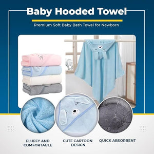 Safe - O - Kid Cute Cartoon Face Hooded Cotton Bath Towel for Kids (0–6 Years) – Blue - Kids Hooded Towel