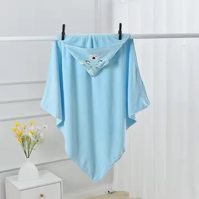 Safe - O - Kid Cute Cartoon Face Hooded Cotton Bath Towel for Kids (0–6 Years) – Blue - Kids Hooded Towel