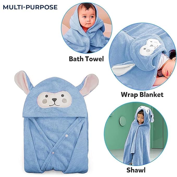 Safe - O - Kid Cute Cartoon Face Hooded Cotton Bath Towel for Kids (0–6 Years) – Blue - Kids Hooded Towel