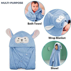Safe - O - Kid Cute Cartoon Face Hooded Cotton Bath Towel for Kids (0–6 Years) – Blue - Kids Hooded Towel