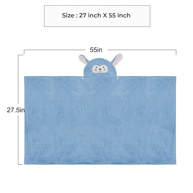 Safe - O - Kid Cute Cartoon Face Hooded Cotton Bath Towel for Kids (0–6 Years) – Blue - Kids Hooded Towel