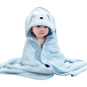 Safe - O - Kid Cute Cartoon Face Hooded Cotton Bath Towel for Kids (0–6 Years) – Blue - Kids Hooded Towel