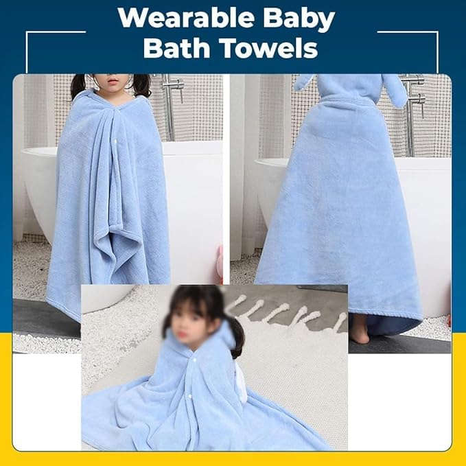 Safe - O - Kid Cute Cartoon Face Hooded Cotton Bath Towel for Kids (0–6 Years) – Blue - Kids Hooded Towel