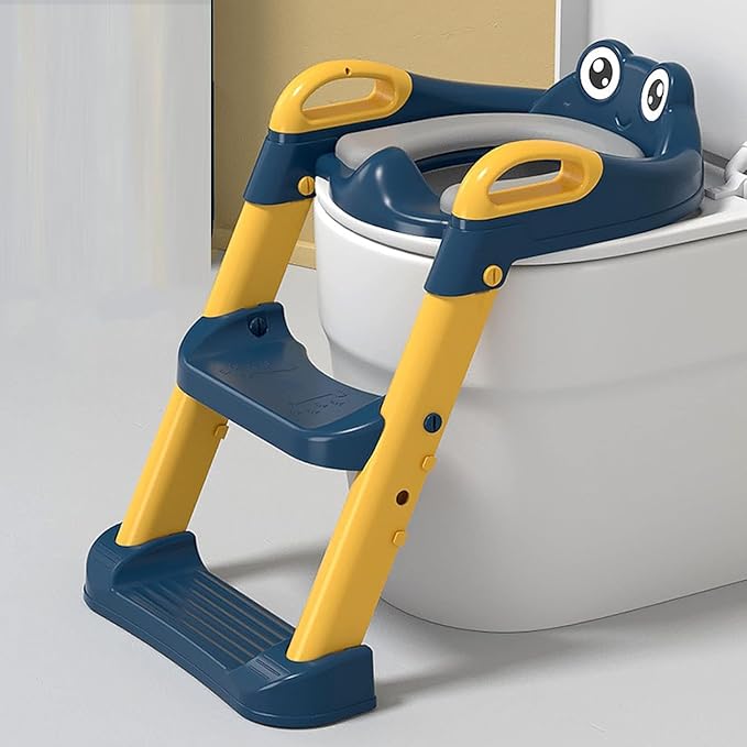 Safe - O - Kid Potty Training Seat with Ladder – Foldable Non - Slip Toilet Trainer (Blue) - Potty Seat