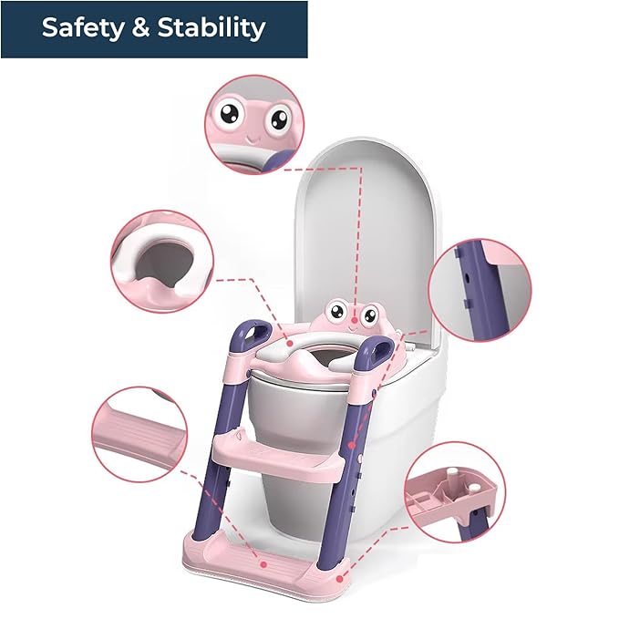 Safe - O - Kid Potty Training Seat with Ladder – Foldable, Non - Slip Toilet Trainer (Pink) - Potty Seat