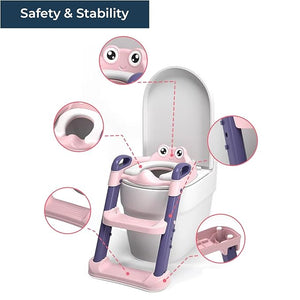 Safe - O - Kid Potty Training Seat with Ladder – Foldable, Non - Slip Toilet Trainer (Pink) - Potty Seat