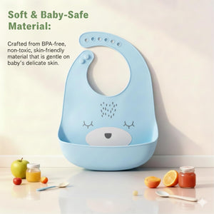 Safe - O - Kid Premium Silicone Baby Bib with Spill - Proof Pocket – Blue - Feeding Bibs