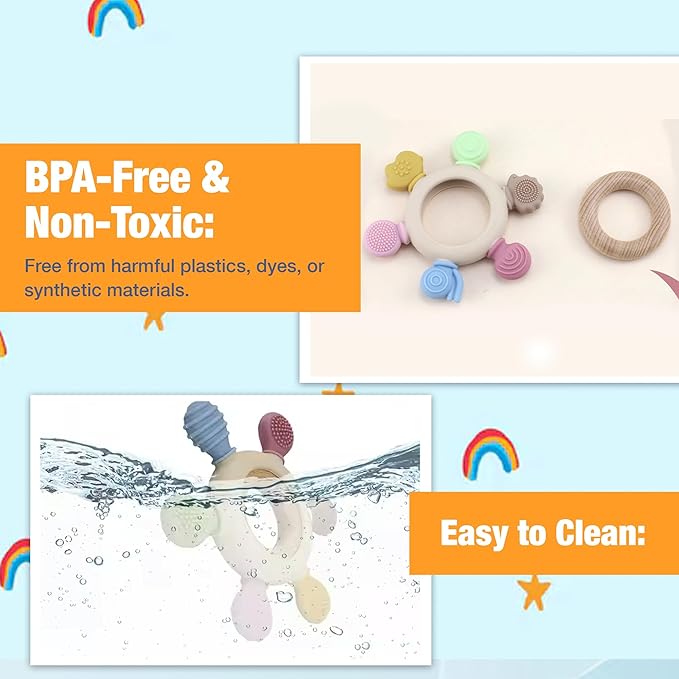 Safe - O - Kid Silicone & Wooden Baby Teether with Natural Wooden Ring (3+ Months) - Teether