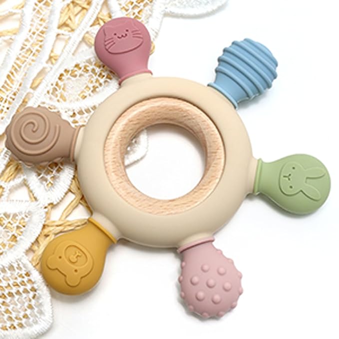 Safe - O - Kid Silicone & Wooden Baby Teether with Natural Wooden Ring (3+ Months) - Teether