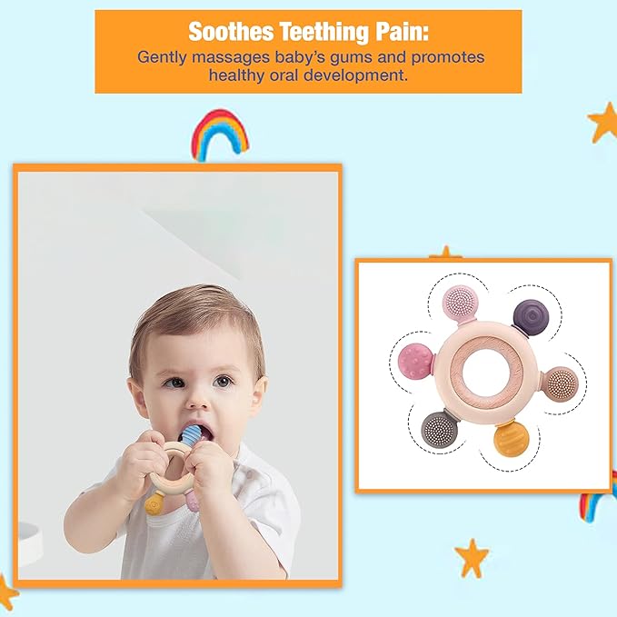 Safe - O - Kid Silicone & Wooden Baby Teether with Natural Wooden Ring (3+ Months) - Teether