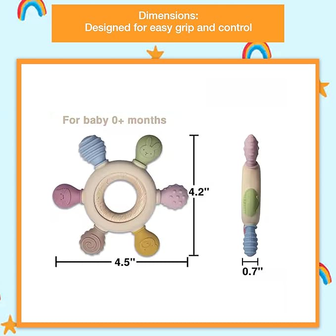 Safe - O - Kid Silicone & Wooden Baby Teether with Natural Wooden Ring (3+ Months) - Teether