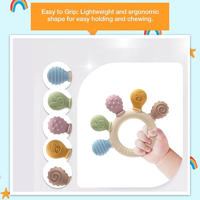 Safe - O - Kid Silicone & Wooden Baby Teether with Natural Wooden Ring (3+ Months) - Teether