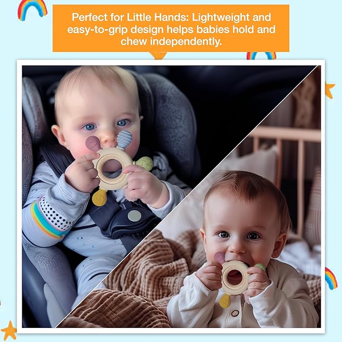 Safe - O - Kid Silicone & Wooden Baby Teether with Natural Wooden Ring (3+ Months) - Teether