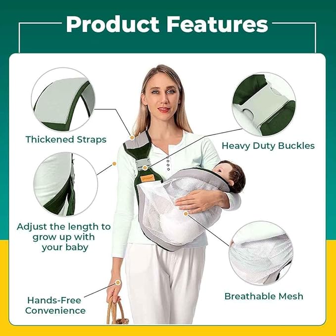 Safe - O - Kid Soft Cotton Baby Sling Carrier for Newborns & Infants – Green - Baby Carriers