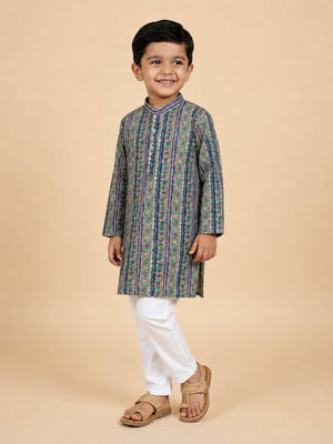 Sage Petals Boys Floral Print Jacket And Kurta Pajama Set - 0-6 Months Boys Ethnic Set