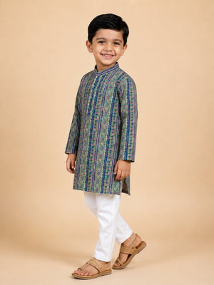 Sage Petals Boys Floral Print Jacket And Kurta Pajama Set - 0-6 Months Boys Ethnic Set