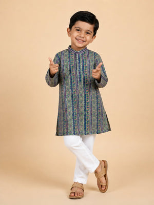 Sage Petals Boys Floral Print Jacket And Kurta Pajama Set - 0-6 Months Boys Ethnic Set