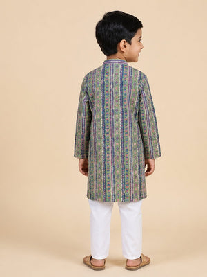 Sage Petals Boys Floral Print Jacket And Kurta Pajama Set - 0-6 Months Boys Ethnic Set