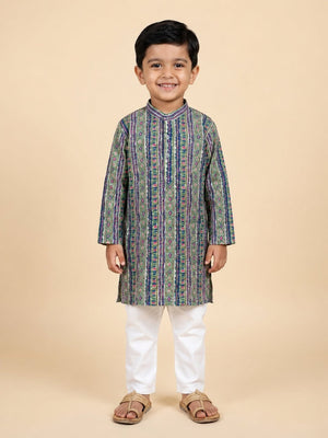 Sage Petals Boys Floral Print Jacket And Kurta Pajama Set - 0-6 Months Boys Ethnic Set
