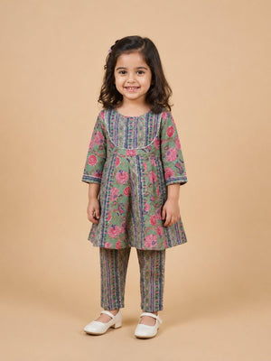 Sage Petals Girls Floral Print Anarkali Kurta Set - 0-6 Months Girls Ethnic Set