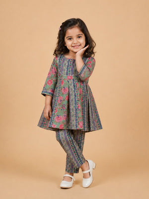 Sage Petals Girls Floral Print Anarkali Kurta Set - 0-6 Months Girls Ethnic Set