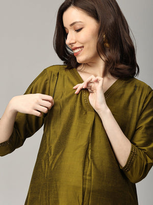 Sassy in Sage Embroidered Maternity And Nursing Silk Kurta Set - MEW - SK - ZMND - S