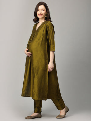 Sassy in Sage Embroidered Maternity And Nursing Silk Kurta Set - MEW - SK - ZMND - S