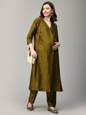 Sassy in Sage Embroidered Maternity And Nursing Silk Kurta Set - MEW - SK - ZMND - S