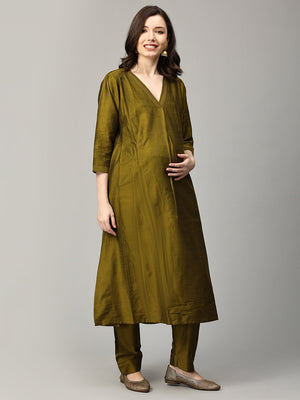Sassy in Sage Embroidered Maternity And Nursing Silk Kurta Set - MEW - SK - ZMND - S