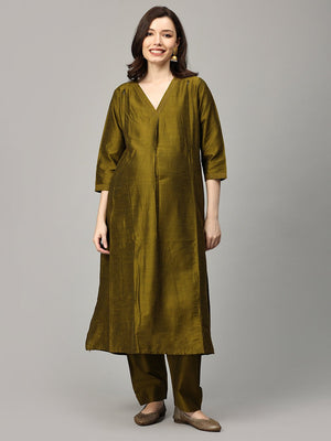 Sassy in Sage Embroidered Maternity And Nursing Silk Kurta Set - MEW - SK - ZMND - S
