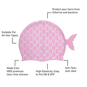 Scales Pink Fishy , Silicone Kids Swim Cap, 5 years - 15 years - 5 - 15 years Swim