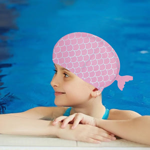 Scales Pink Fishy , Silicone Kids Swim Cap, 5 years - 15 years - 5 - 15 years Swim