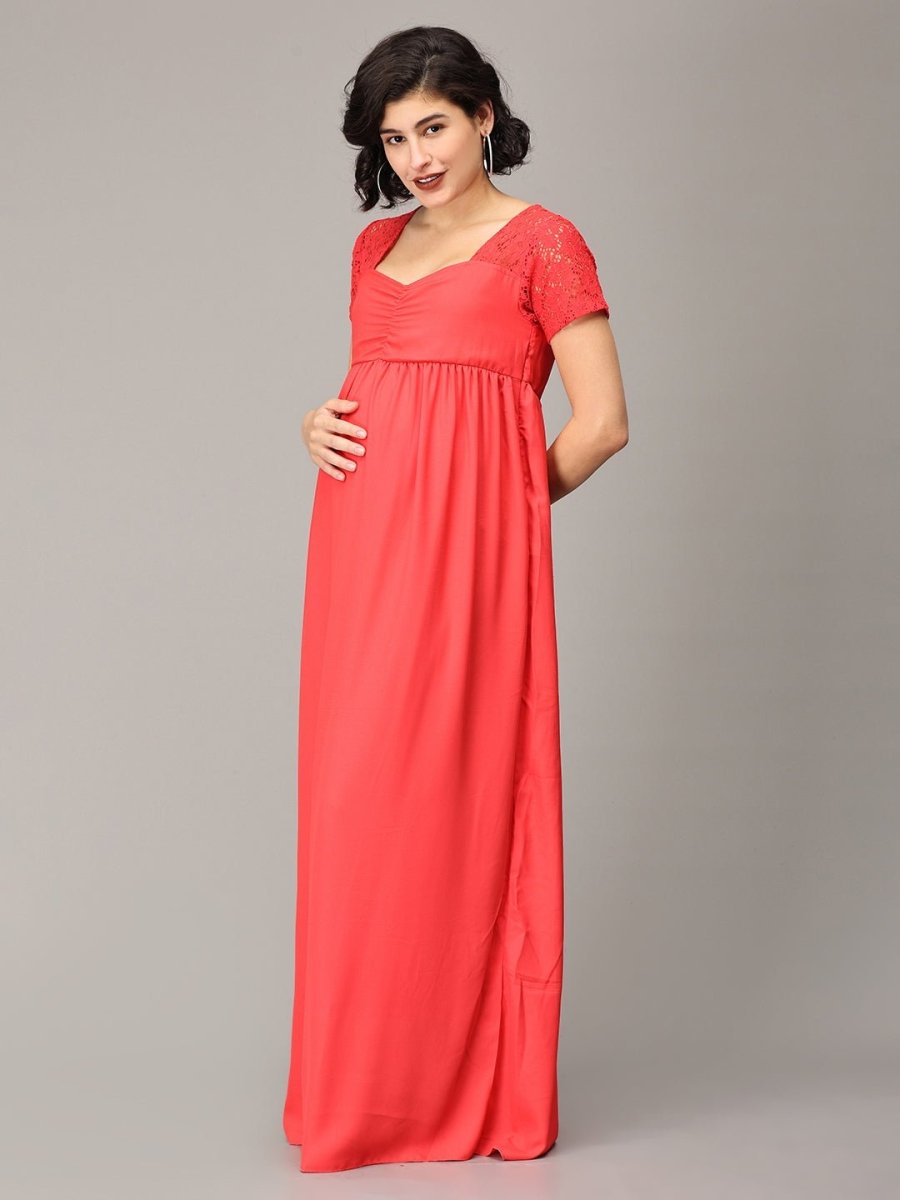 Scarlet Red Lace Maternity Gown - DRSNUR-CMSLC-S