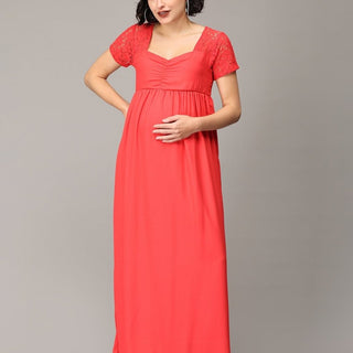 Scarlet Red Lace Maternity Gown - DRSNUR-CMSLC-S