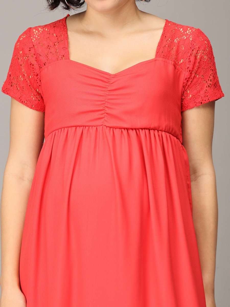 Scarlet Red Lace Maternity Gown - DRSNUR-CMSLC-S