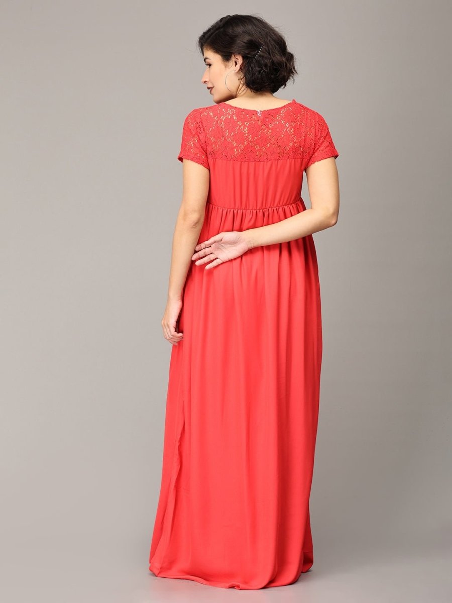 Scarlet Red Lace Maternity Gown - DRSNUR-CMSLC-S