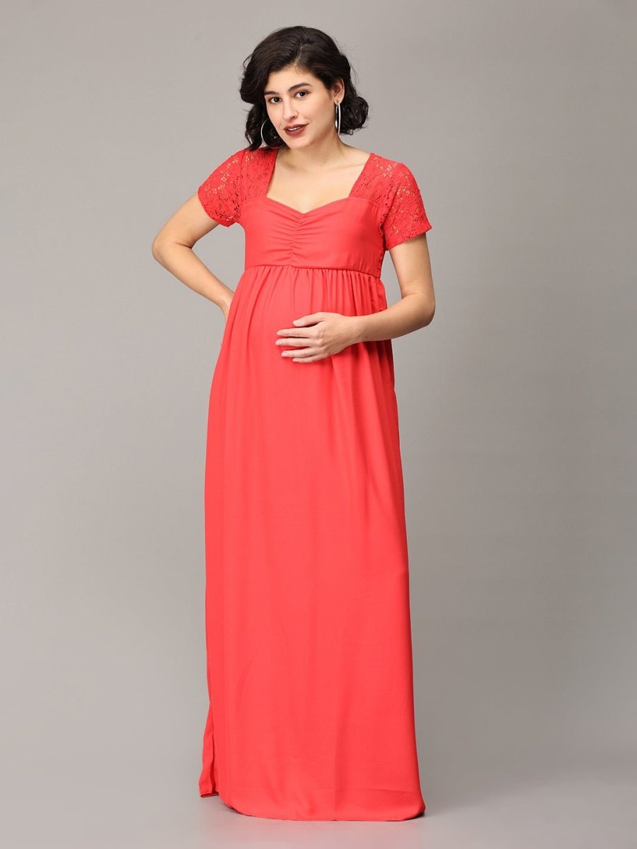Scarlet Red Lace Maternity Gown - DRSNUR-CMSLC-S