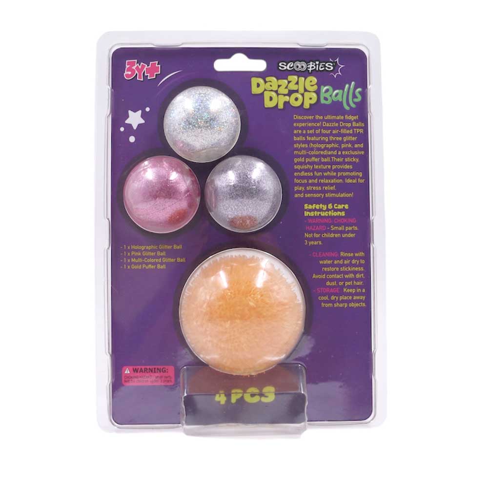 Scoobies Dazzle Drop Balls: Glitter Squishy Balls – Set of 4 (Holographic, Pink, Silver & Gold) - Sensory Toys