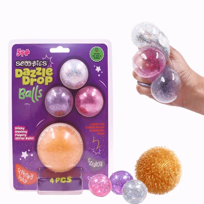 Scoobies Dazzle Drop Balls: Glitter Squishy Balls – Set of 4 (Holographic, Pink, Silver & Gold) - Sensory Toys