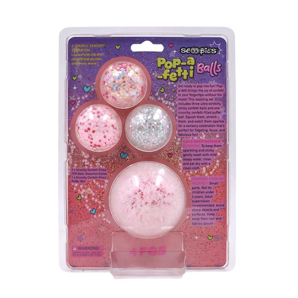 Scoobies Pop - a - fetti Balls:Confetti Squishy Balls – Set of 4 (Pink, Silver, Red & Multicolor) - Sensory Toys