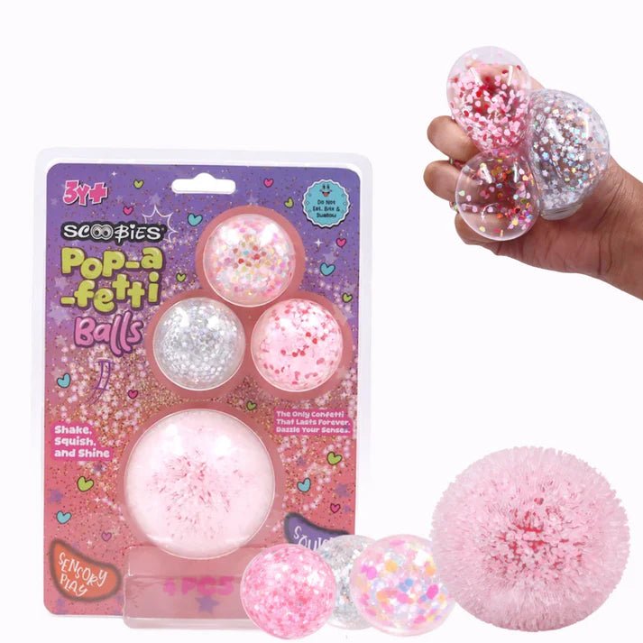 Scoobies Pop - a - fetti Balls:Confetti Squishy Balls – Set of 4 (Pink, Silver, Red & Multicolor) - Sensory Toys