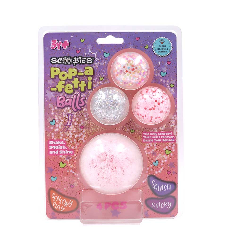 Scoobies Pop - a - fetti Balls:Confetti Squishy Balls – Set of 4 (Pink, Silver, Red & Multicolor) - Sensory Toys
