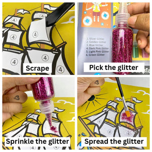 Scoobies Sparkle Pop Glitter Art Set – 6 Glitter Bottles + 4 Design Cards (Peel, Stick & Decorate) - Art & Craft