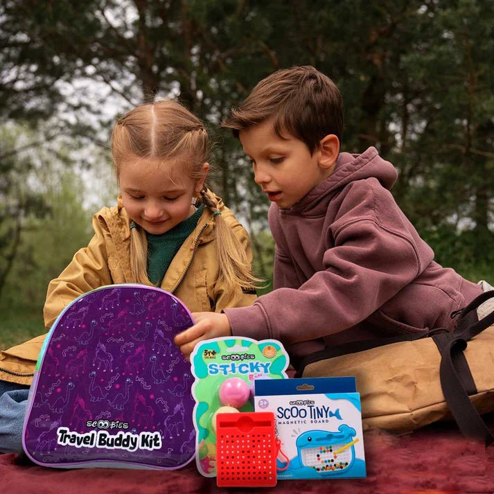 Scoobies Travel Buddy Kit | Kids Travel Activity Bag with Sticky Balls, Scoo Tiny Magnetic Board & Scoo - MagBall Tab Fun On - The - Go Play - Activity Toys