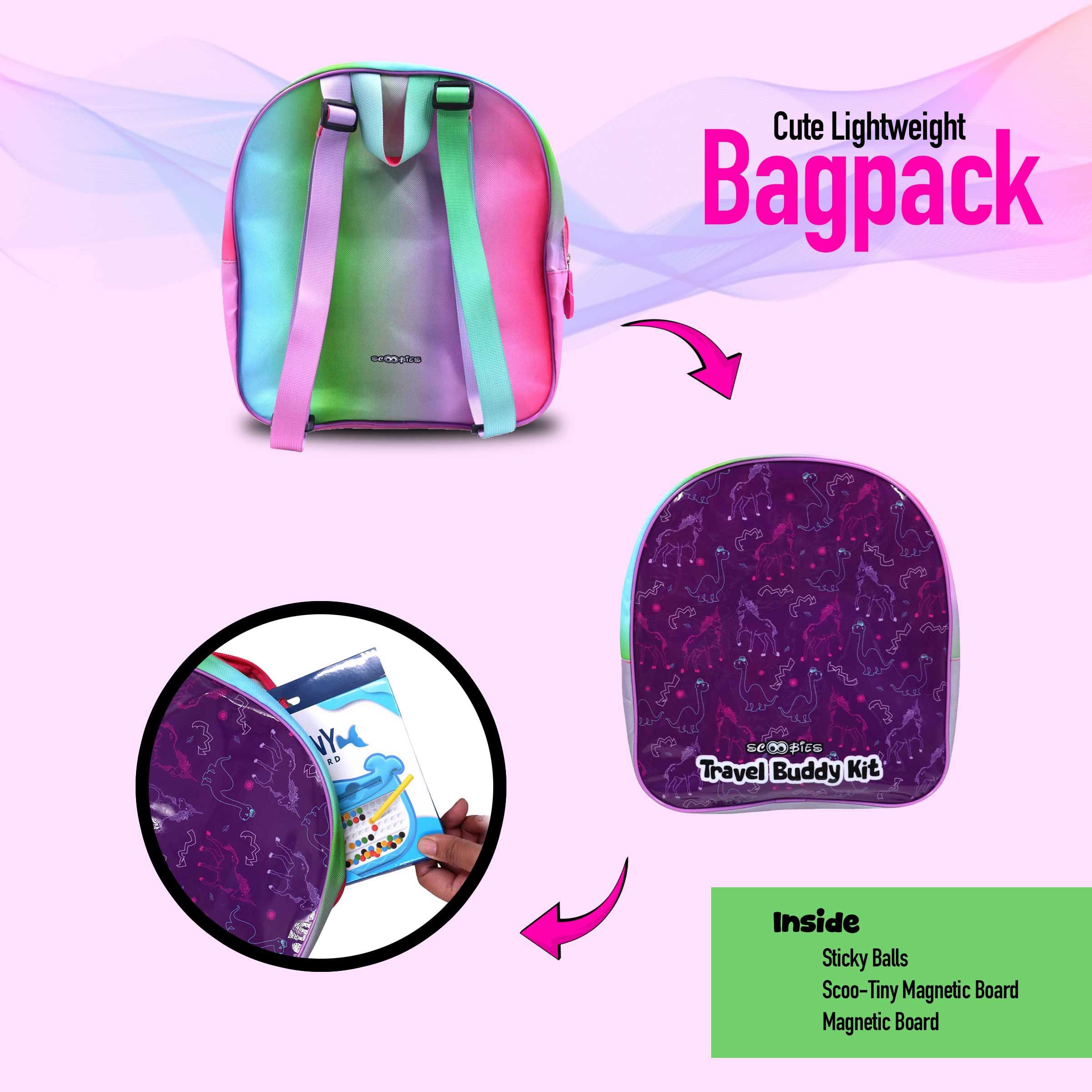 Scoobies Travel Buddy Kit | Kids Travel Activity Bag with Sticky Balls, Scoo Tiny Magnetic Board & Scoo - MagBall Tab Fun On - The - Go Play - Activity Toys