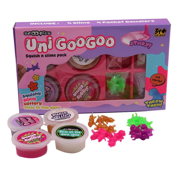 Scoobies Uni GooGoo Slime Party 4 Slimes + 20 Unicorn Dawdlers - Sensory Toys