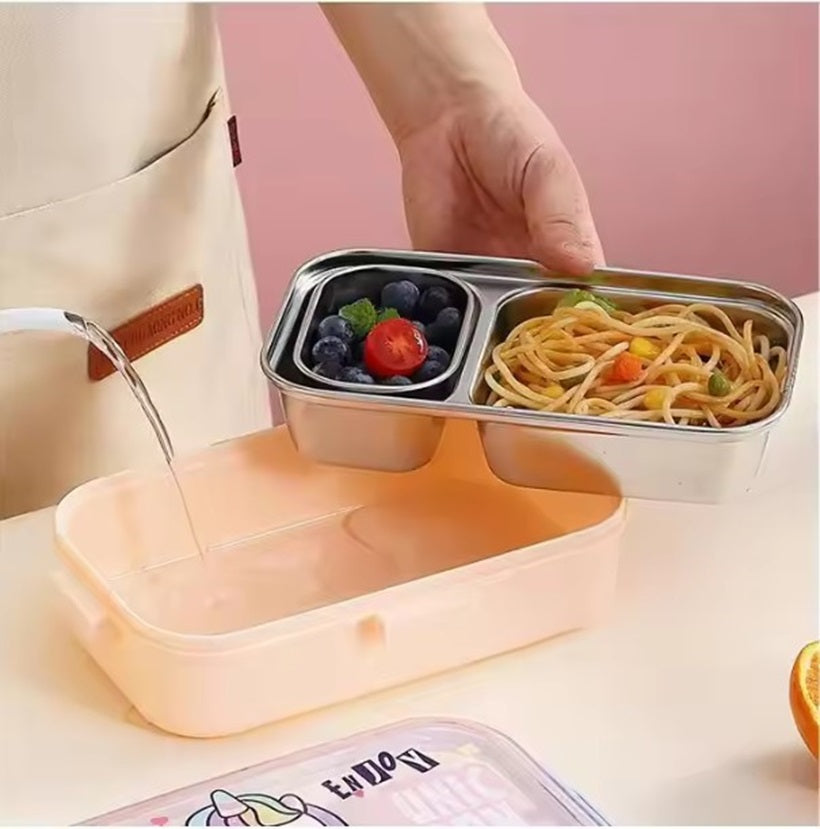 CuddleNest Pink Unicorn Kids Stainless Steel Lunch Box | 700ml + 100ml Soup Bowl | Leak-Proof | 4-Lock Design | Heat Insulation | Bento Tiffin for School, Picnics, Travel