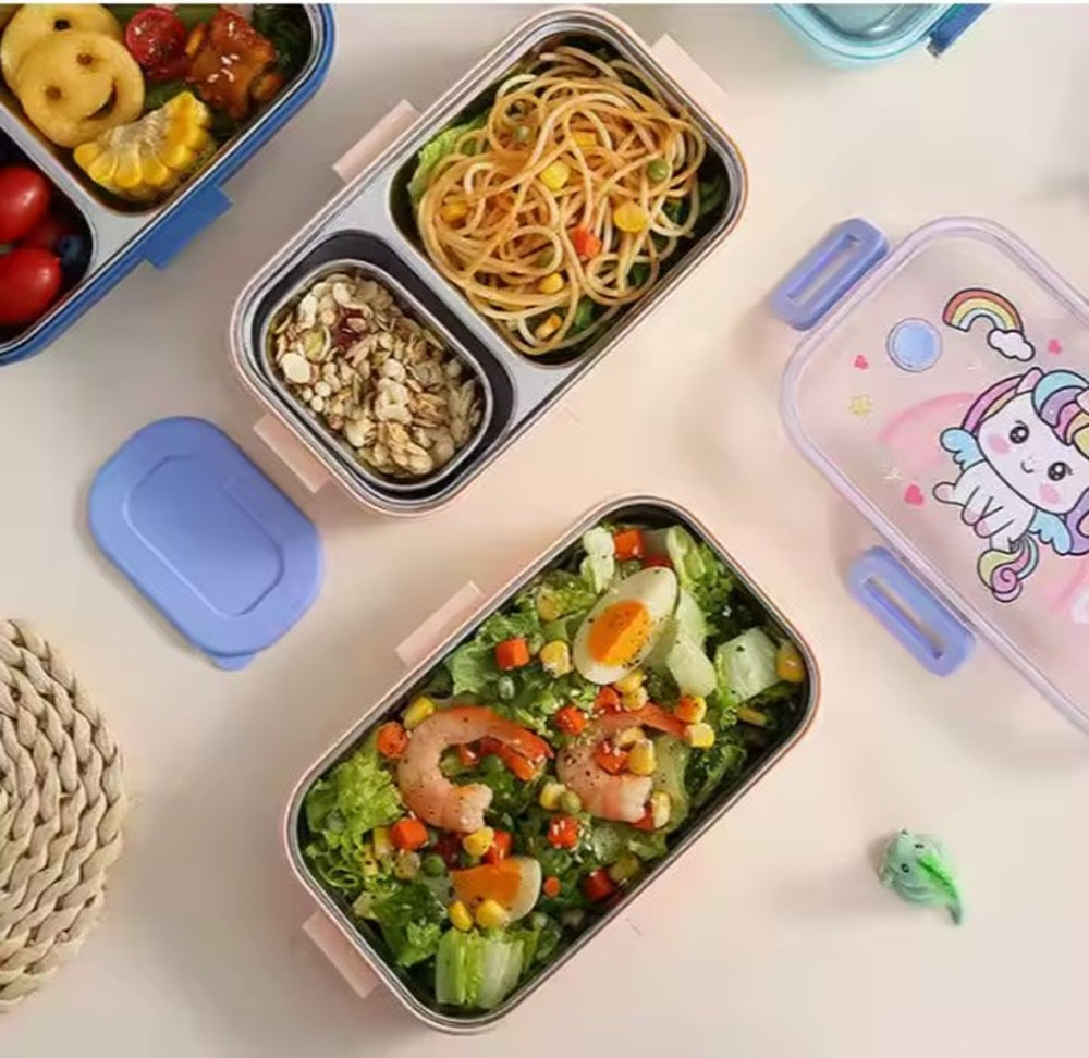 CuddleNest Pink Unicorn Kids Stainless Steel Lunch Box | 700ml + 100ml Soup Bowl | Leak-Proof | 4-Lock Design | Heat Insulation | Bento Tiffin for School, Picnics, Travel