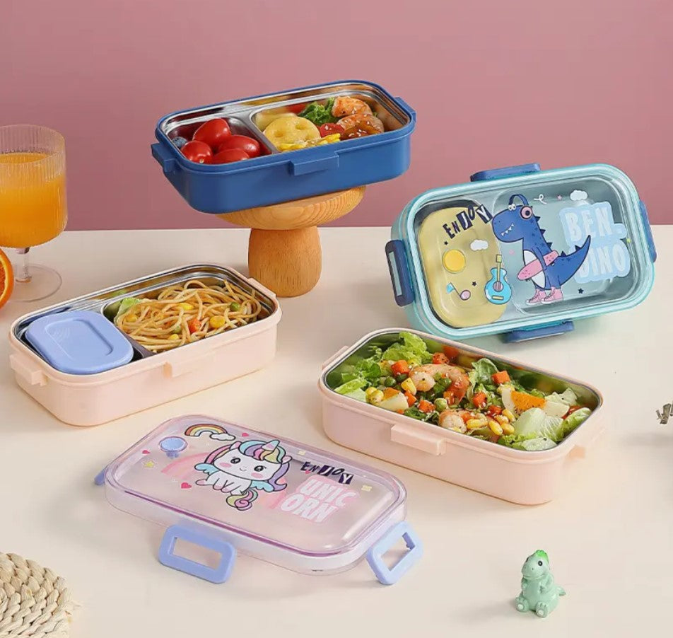 CuddleNest Pink Unicorn Kids Stainless Steel Lunch Box | 700ml + 100ml Soup Bowl | Leak-Proof | 4-Lock Design | Heat Insulation | Bento Tiffin for School, Picnics, Travel